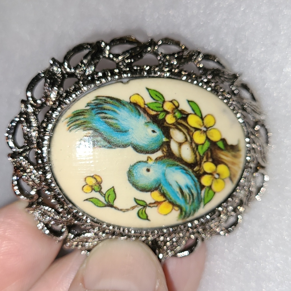 Vintage Blue Birds Cameo Brooch Hand Made Yellow Violet Flowers Artisan Signed